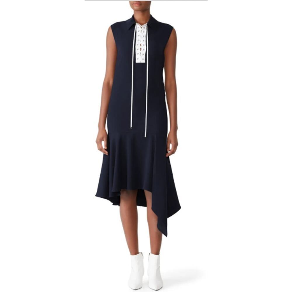 Adeam Size 6 Lace Up Handkerchief Shift Dress Blue Flared Collared Sleeveless